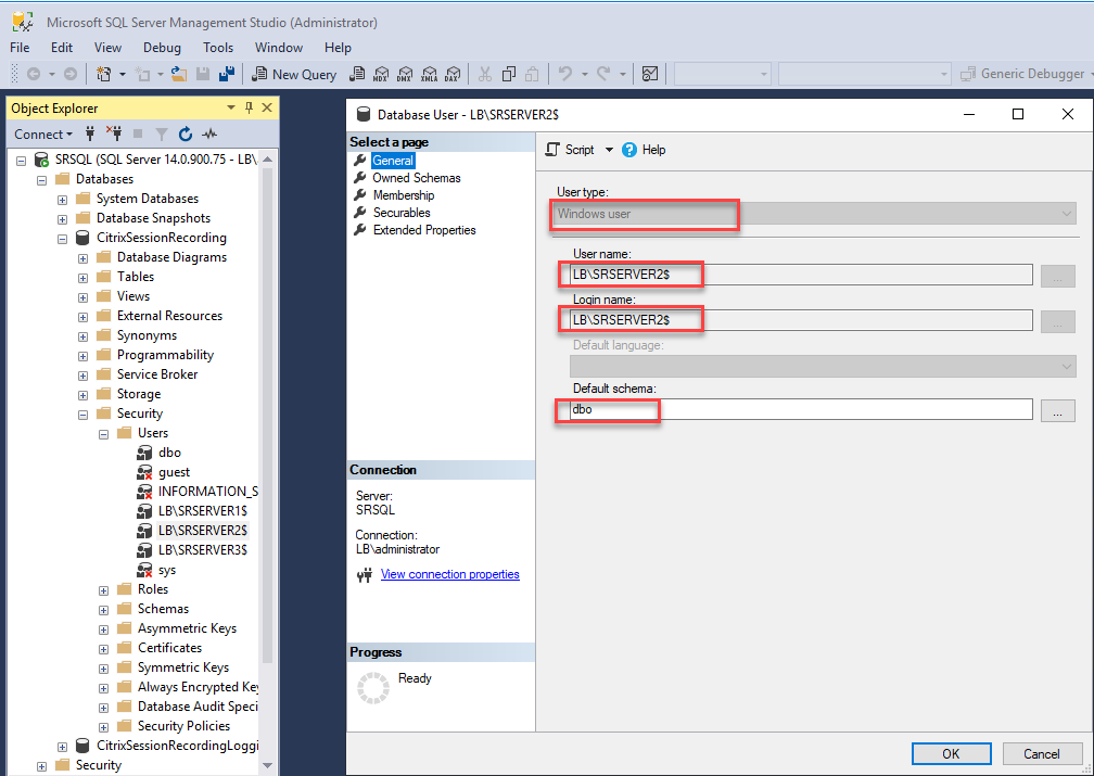 Add all the Session Recording Server machine accounts to the shared Session Recording Database