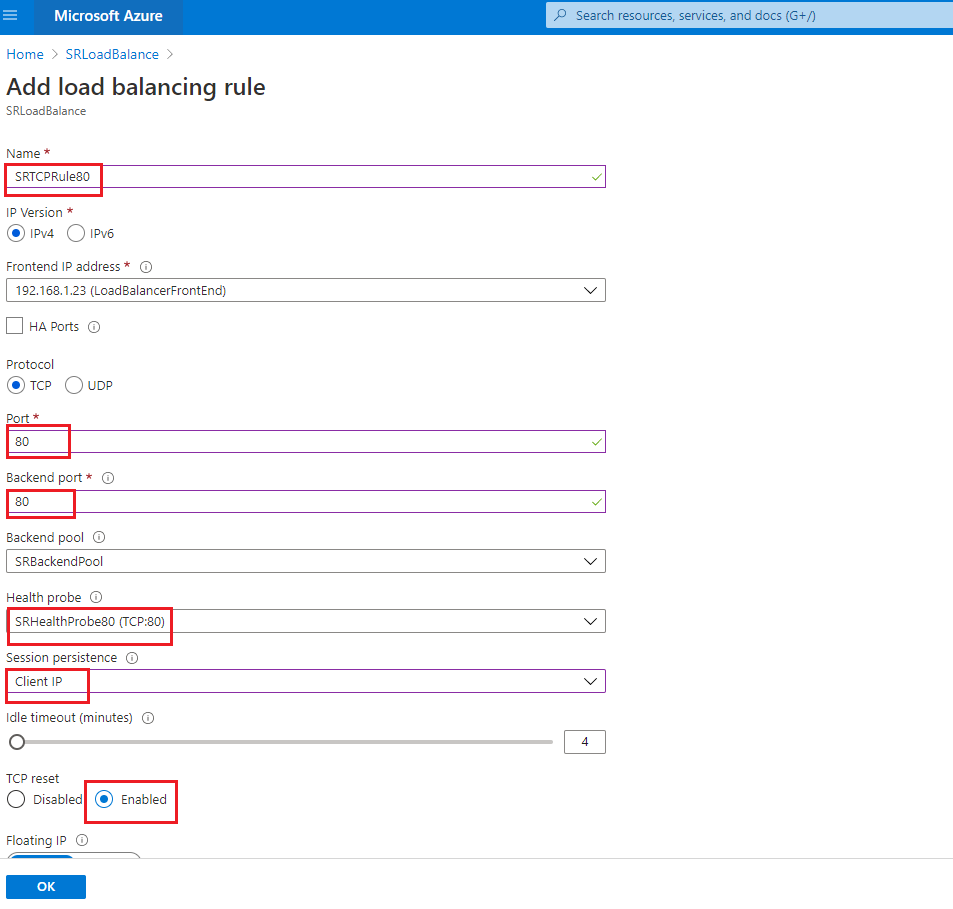 Example load balancing rule for port 80