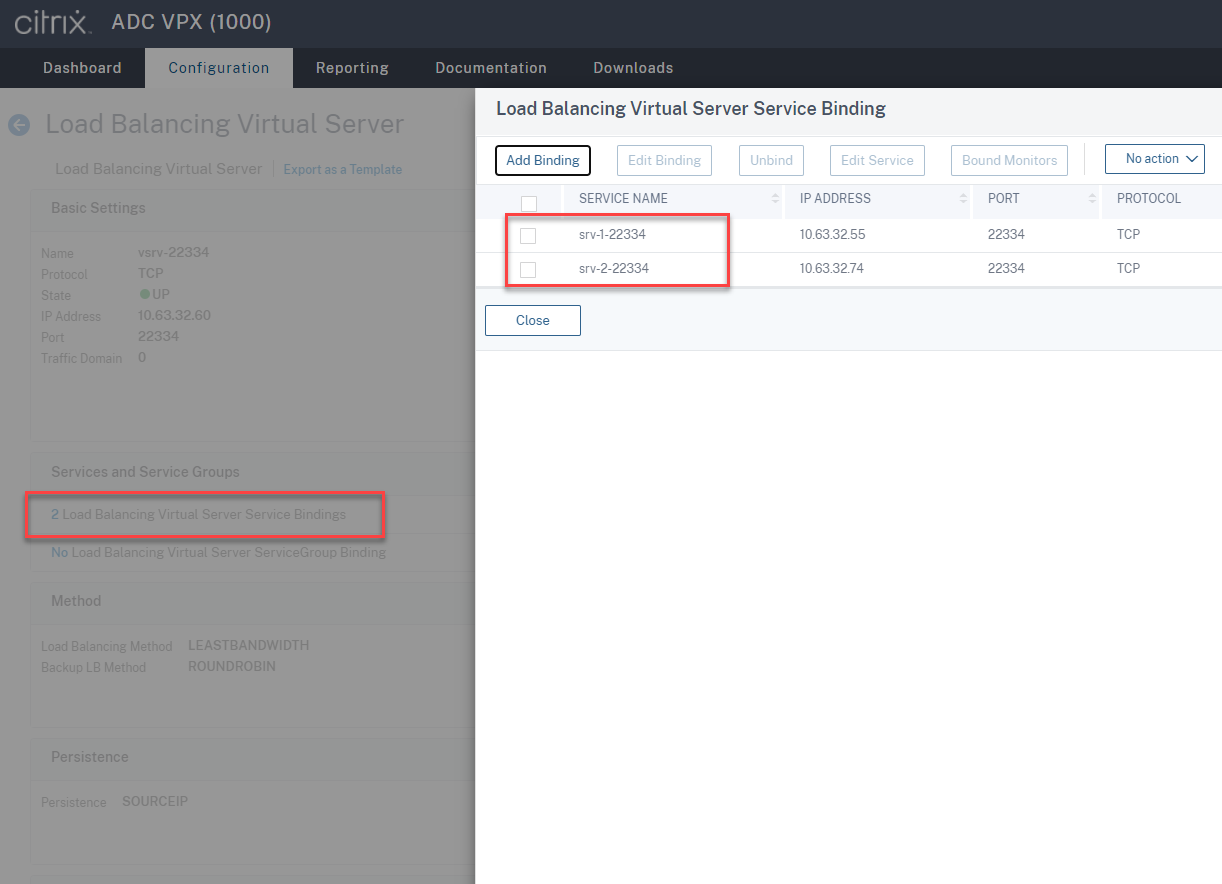 Virtual server service binding