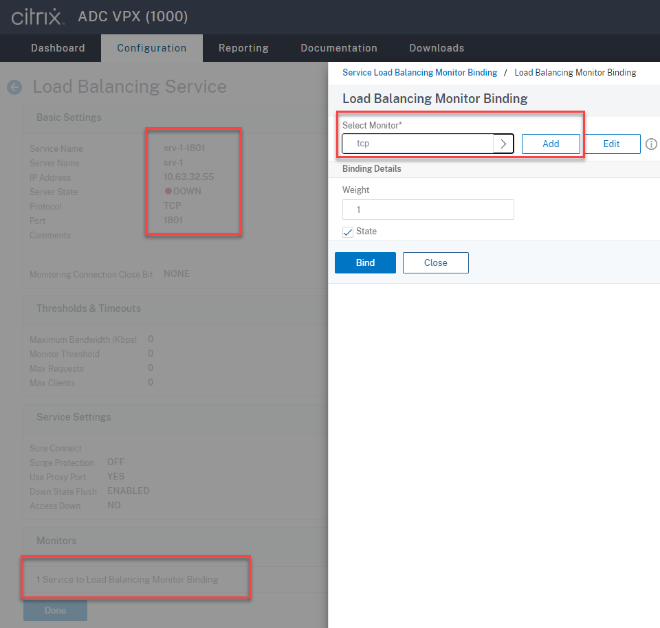 Bind the TCP protocol monitor to the SSL load balancing service of port 1801