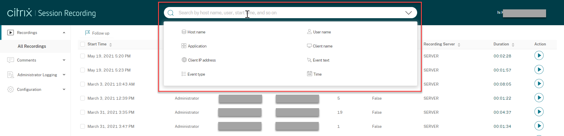 Recording search filters