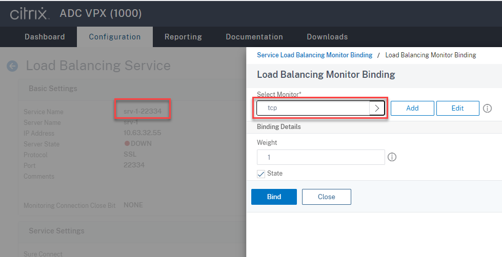 Bind the TCP protocol monitor to the SSL load balancing service of port 22334