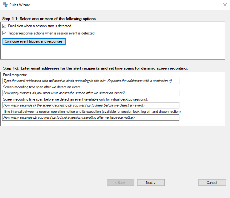 Trigger response actions when a session event is detected