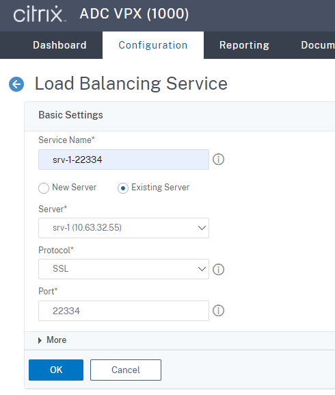 ポート22334のSSL負荷分散サービスを作成する