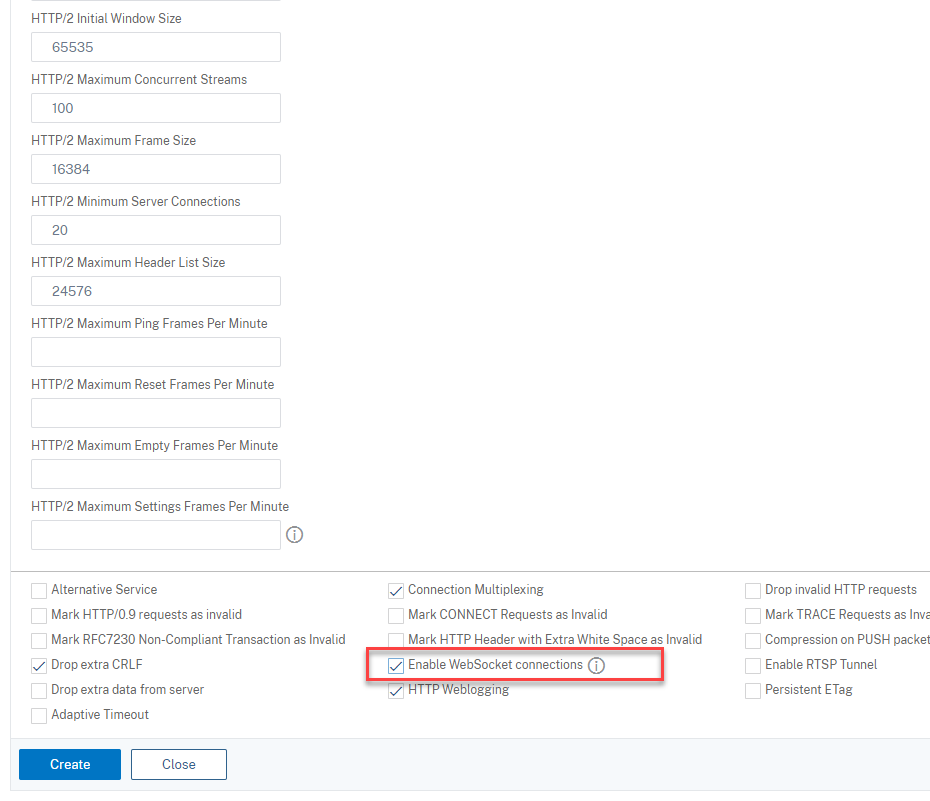 Option permettant d'activer les connexions WebSocket