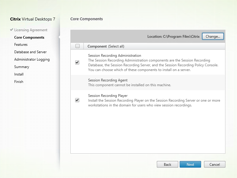 Select components and the installation path