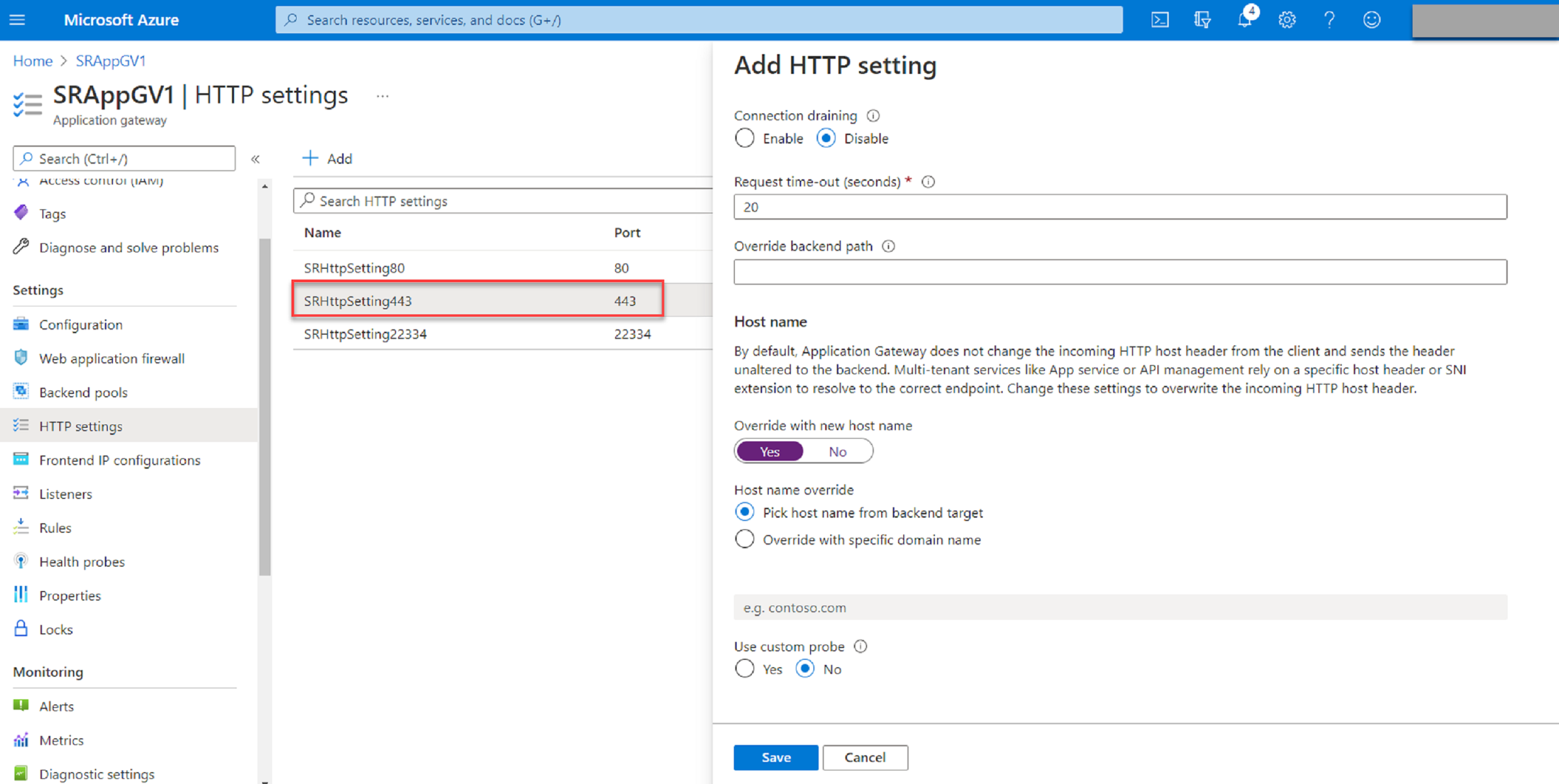 Paramètres supplémentaires pour HTTP sur le port 443