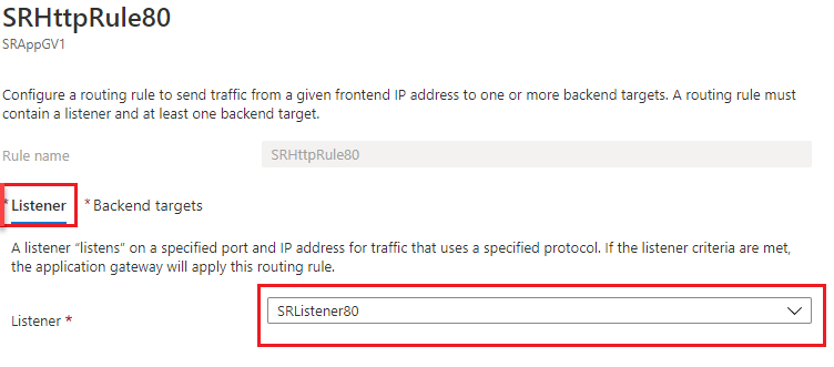 Request routing rule for port 80 - Listener tab