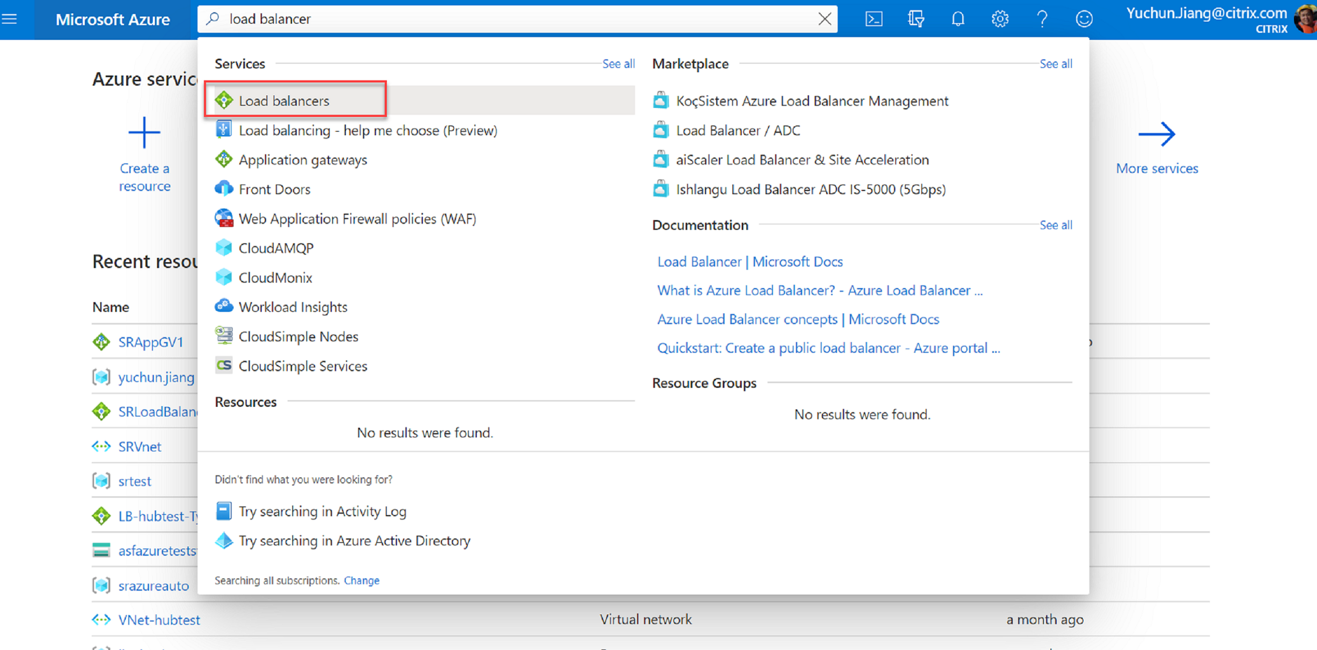 在“Marketplace”（商城）中搜索“Azure Load Balancer”（Azure 负载均衡器）