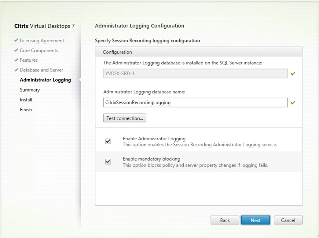 Página Configuración de Registros de administrador