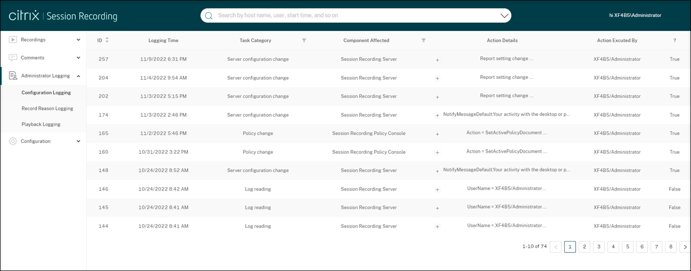 Administrator logging integrated with the web player