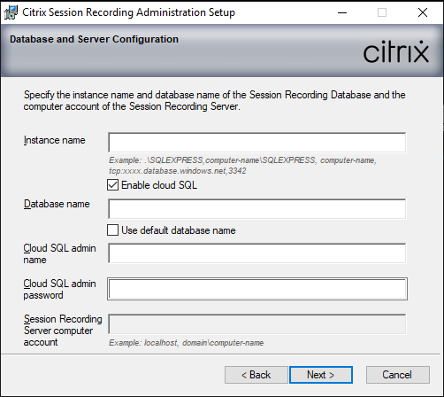 Remplir les informations d'identification de l'administrateur Cloud SQL