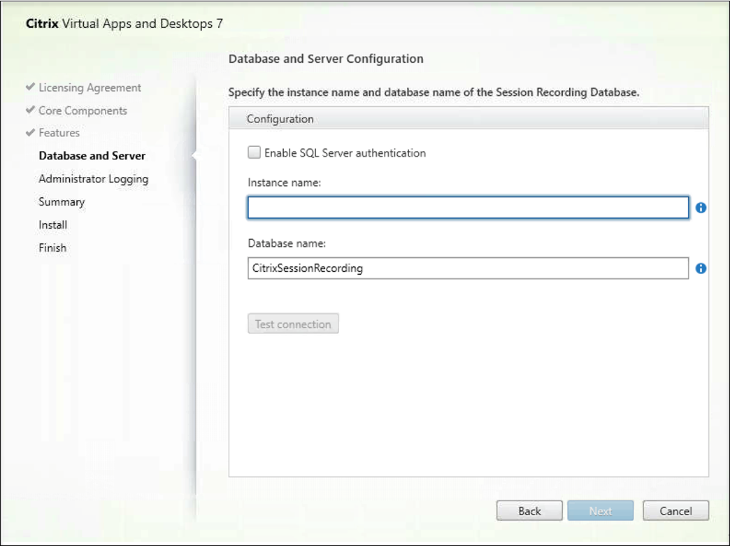 Página Configuración del servidor y de la base de datos