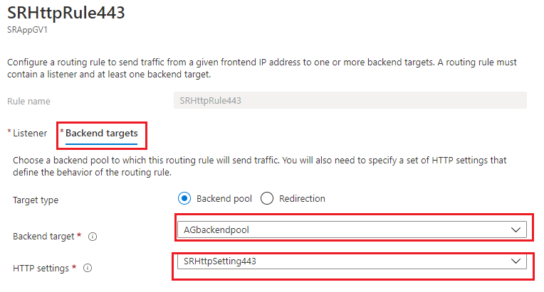 ポート443の要求ルーティングの規則 - ［Backend targets］タブ