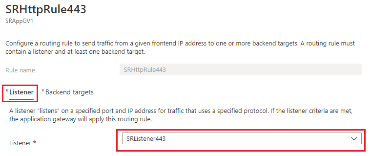 Anforderungsroutingregel für Port 443 - Registerkarte "Listener"