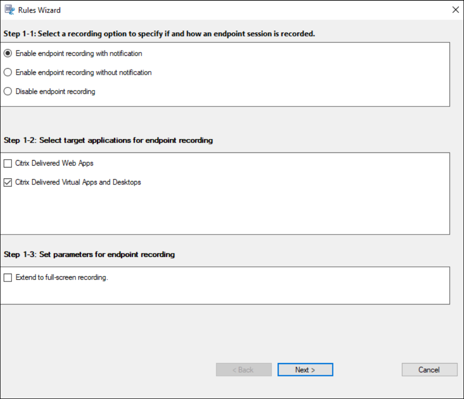 Action for an endpoint recording policy