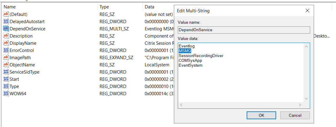 Remove **MSMQ** from the **DependOnService** key