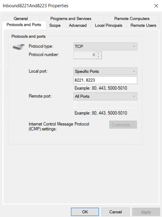 允许端口 8221 和 8223 上的入站 TCP 流量