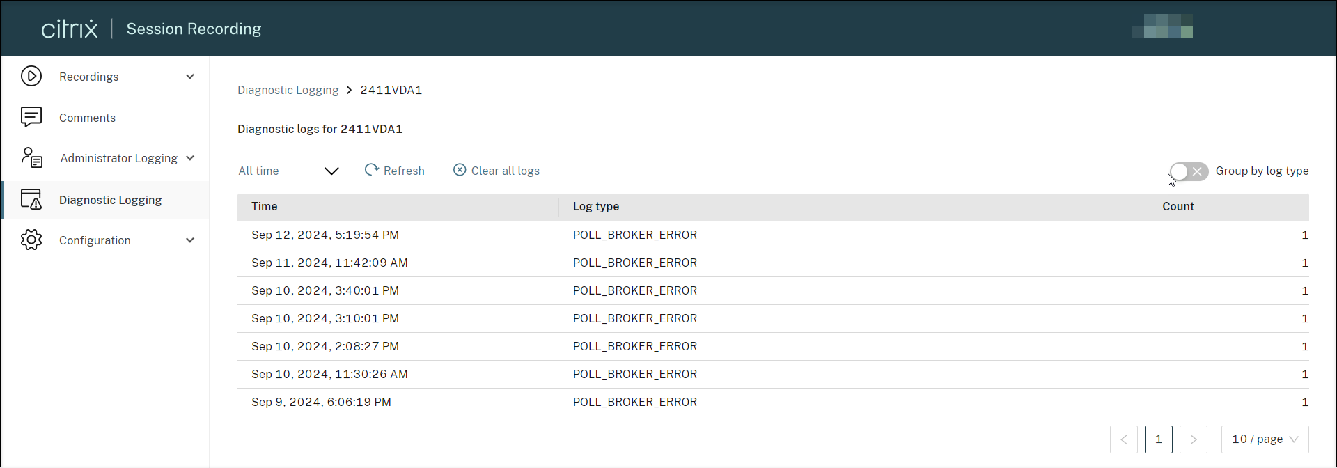 Disable log grouping by type