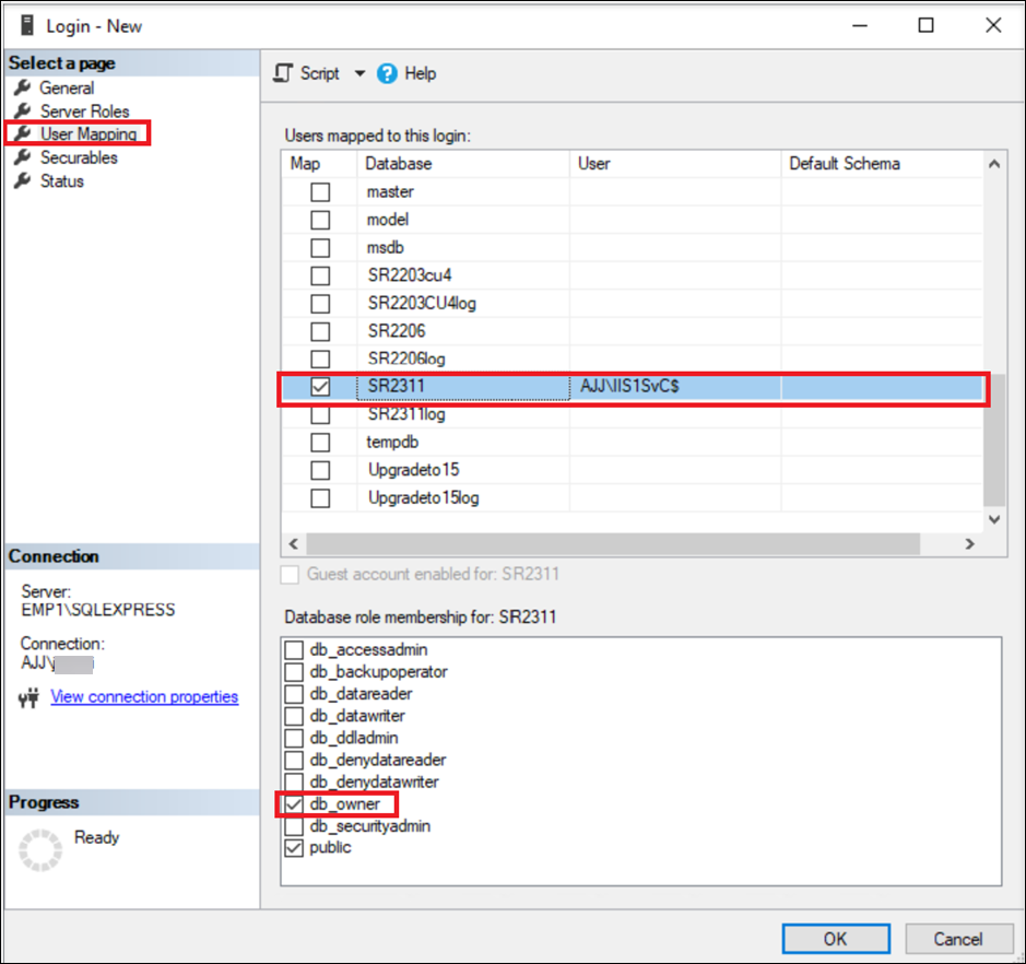 Grant the db_owner permission for the Session Recording database