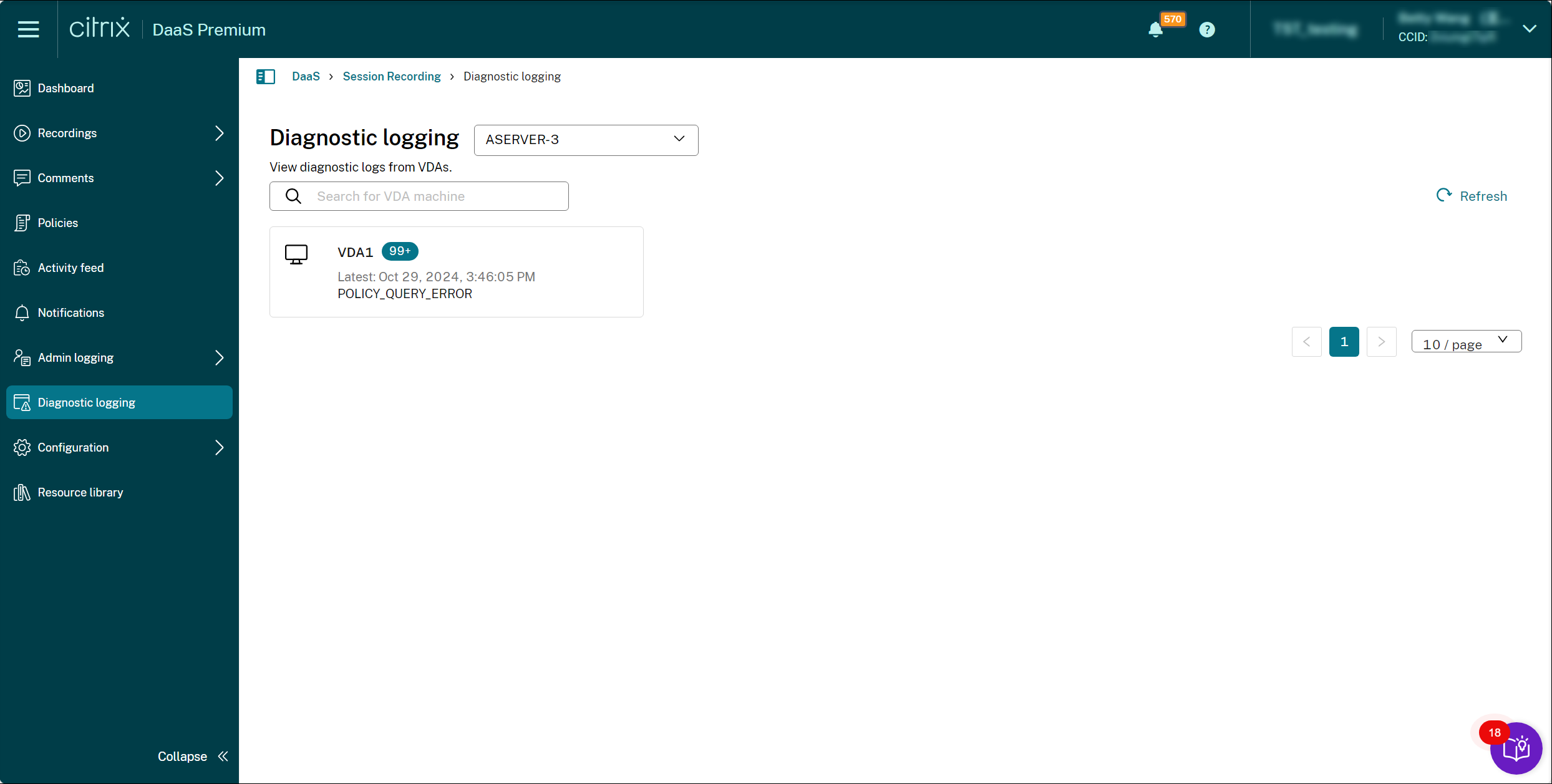 Diagnostic logging view