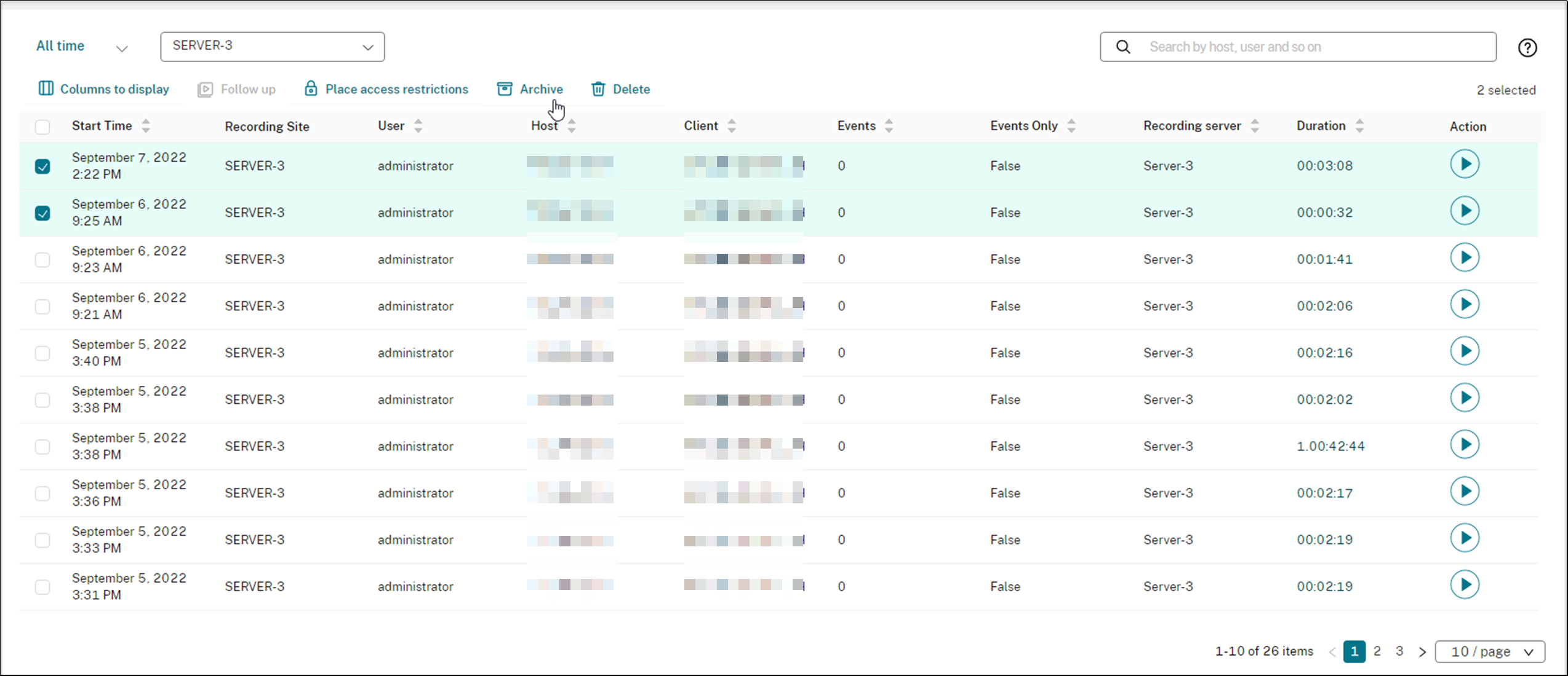 Sélection des enregistrements à archiver