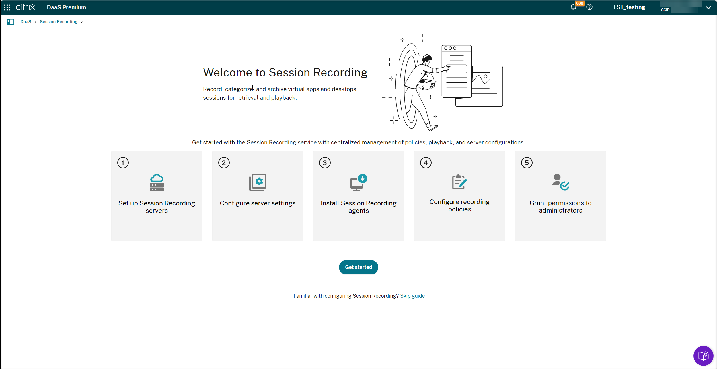 The Session Recording service's welcome page