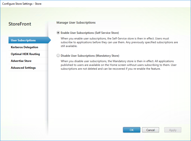 Sceenshot of Configure store settings window, User Subscriptions tab