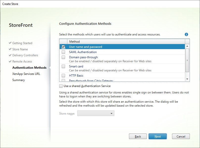 Screenshot des Fensters "Store erstellen" mit Registerkarte "Authentifizierung"