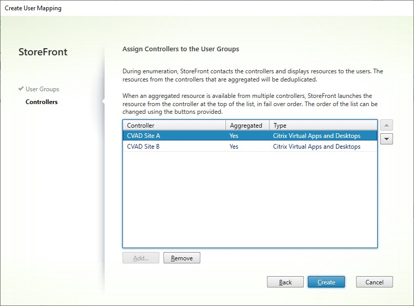 Screenshot of Create user mapping screen controllers tab