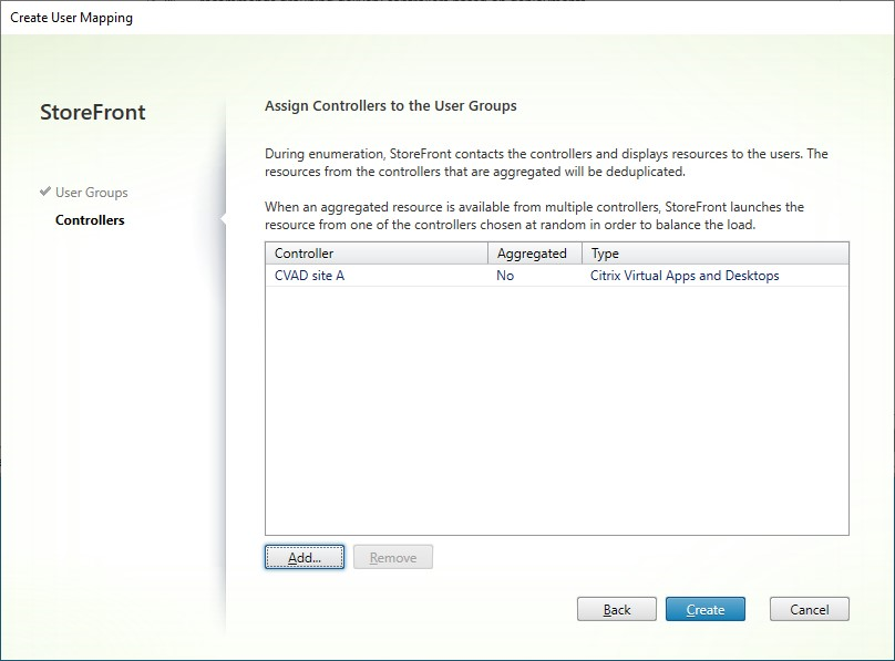 Screenshot of Create User Mapping screen User Groups tab with controller chosen