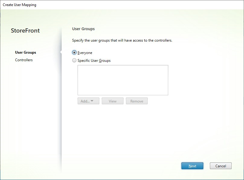 Screenshot of Create user mapping screen User Groups tab