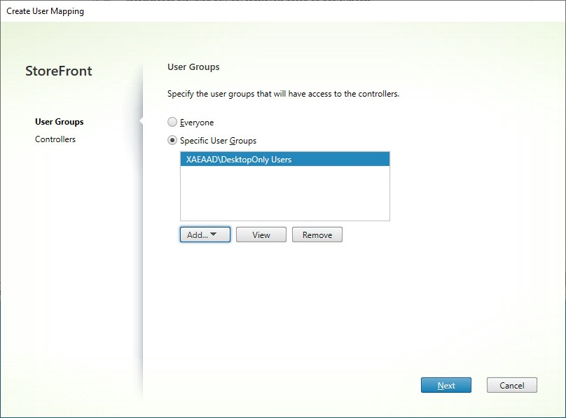 Screenshot of Create User Mapping screen User Groups tab with group selected