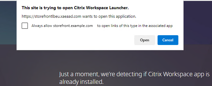 Capture d'écran de l'invite Citrix Workspace Launcher