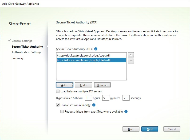 Screenshot des Fensters zum Hinzufügen einer NetScaler Gateway Appliance, Registerkarte "Secure Ticket Authority"