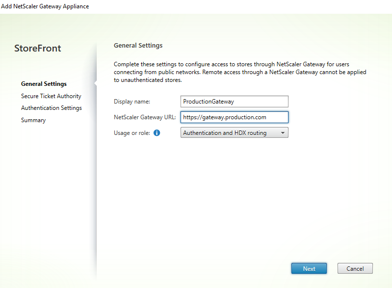 ［Citrix Gatewayアプライアンスの追加］ウィンドウ、［全般設定］セクションのスクリーンショット