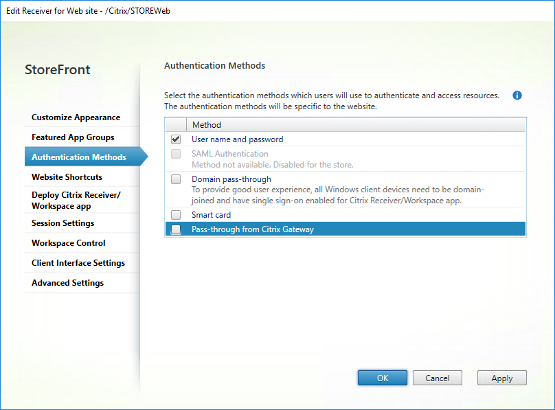 Screenshot of Edit Receiver for Web site window, Authentication Methods section