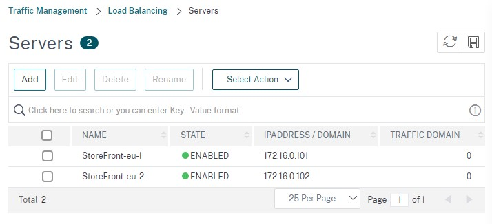 Capture d'écran de l'écran Servers avec deux serveurs