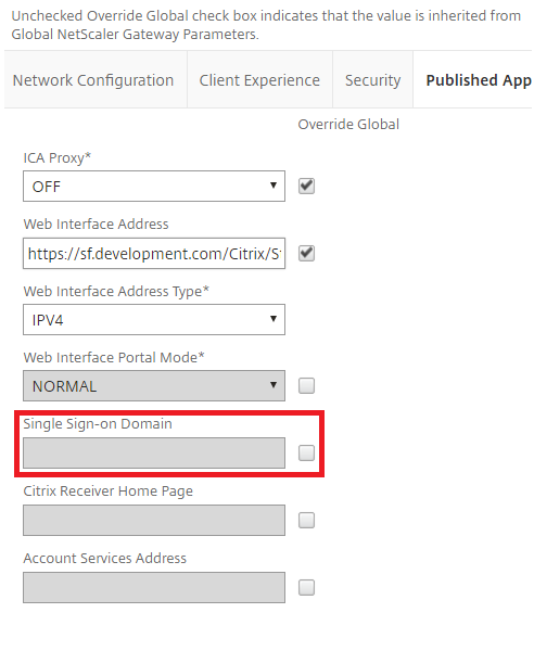 Screenshot of Citrix policy screen, published app tab