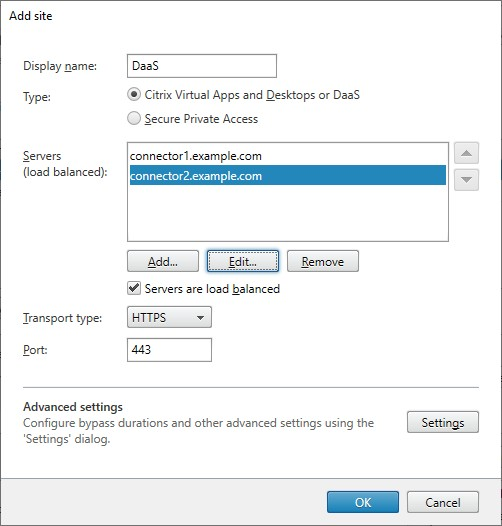 Screenshot of Add site window