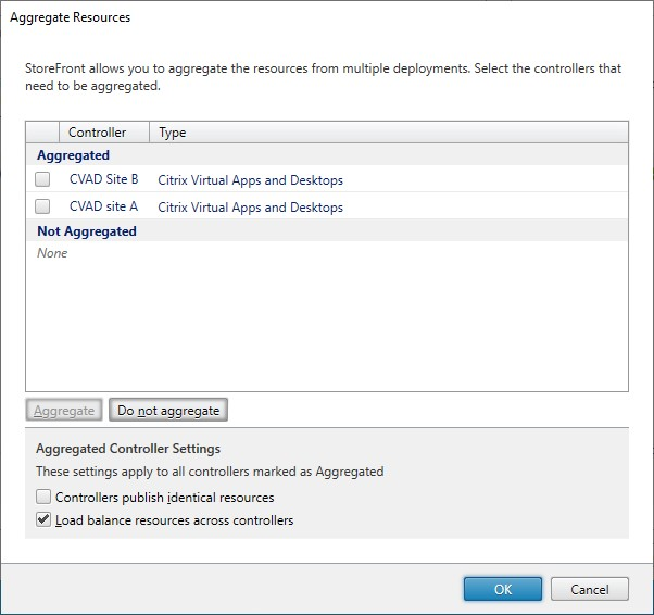 Screenshot of Aggregate Resources screen with two sites aggregated