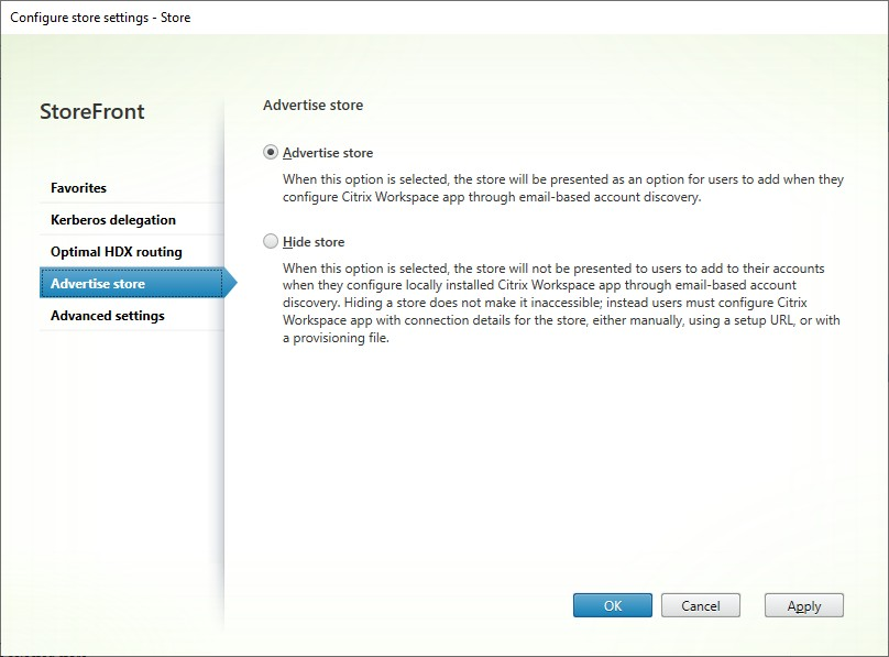 Screenshot of Configure Store window Advertise store tab