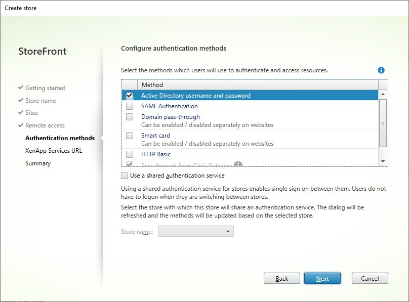 Screenshot of Create Store window Authentication tab