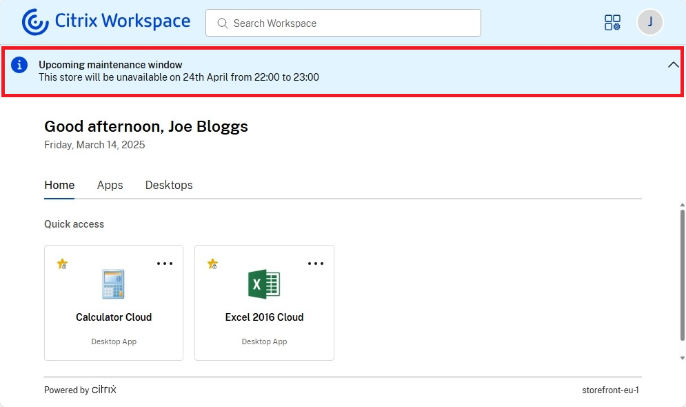 Screenshot end user view of announcement