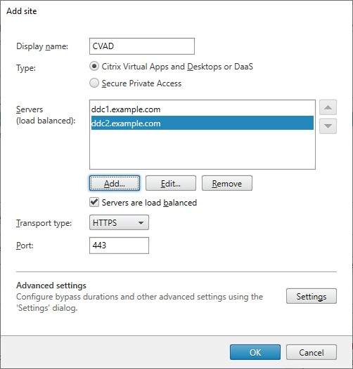 Screenshot of Add site window