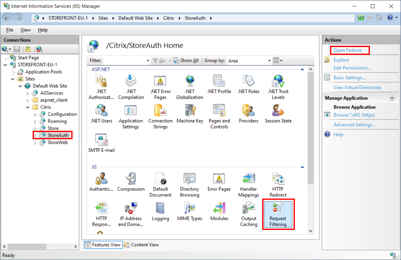 Screenshot of IIS manager showing where to find request filtering