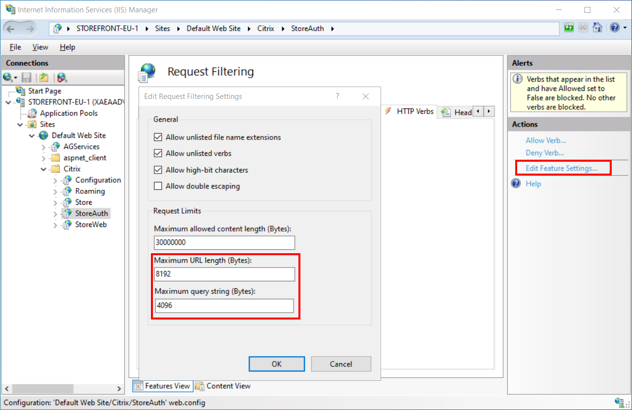 Screenshot of IIS manager request filtering settings