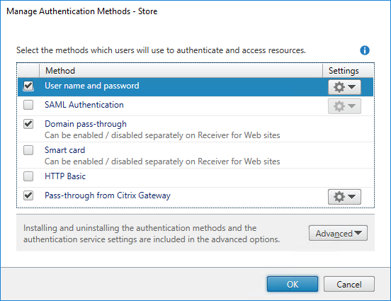 Manage Authentication methods dialog