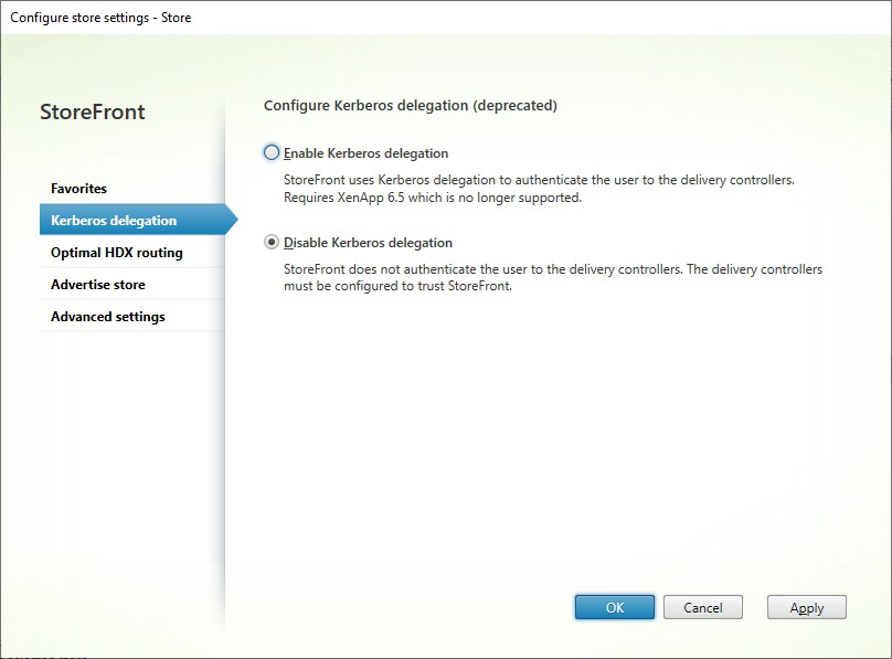 Screenshot of Configure Store Settings window Kerberos Delegation tab