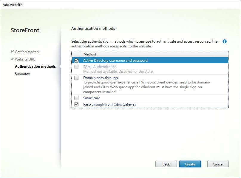 Screenshot of Add website screen, Authentication Methods tab